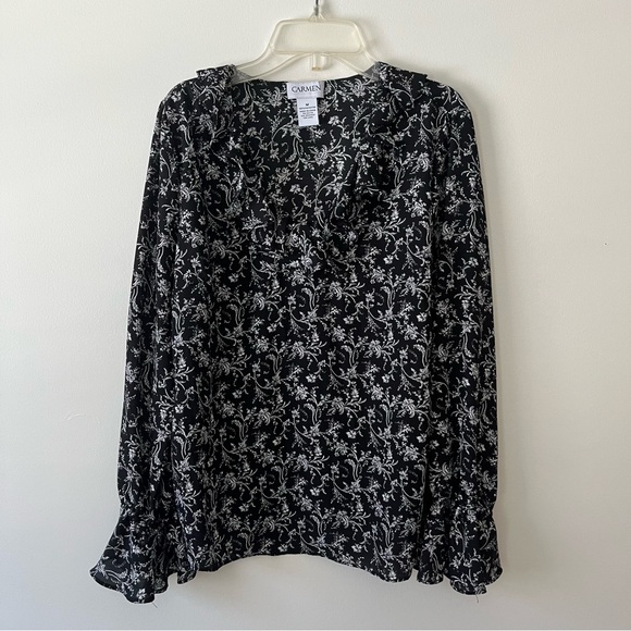 Carmen Marc Valvo V Neck Blouse Medium Black Bell Sleeve Floral - Picture 1 of 4